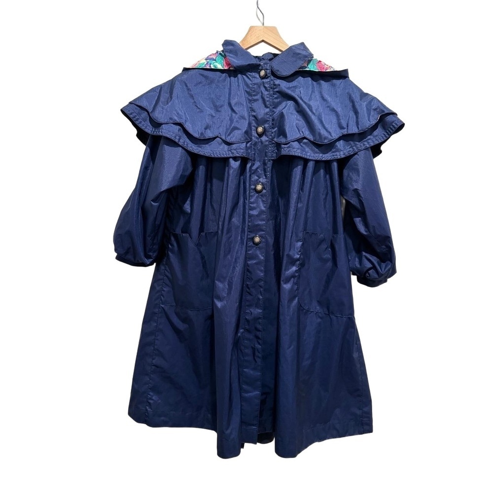 Vintage Rothschild Navy Blue Ruffle Cape Raincoat Trench Gold Buttons Bow Detail